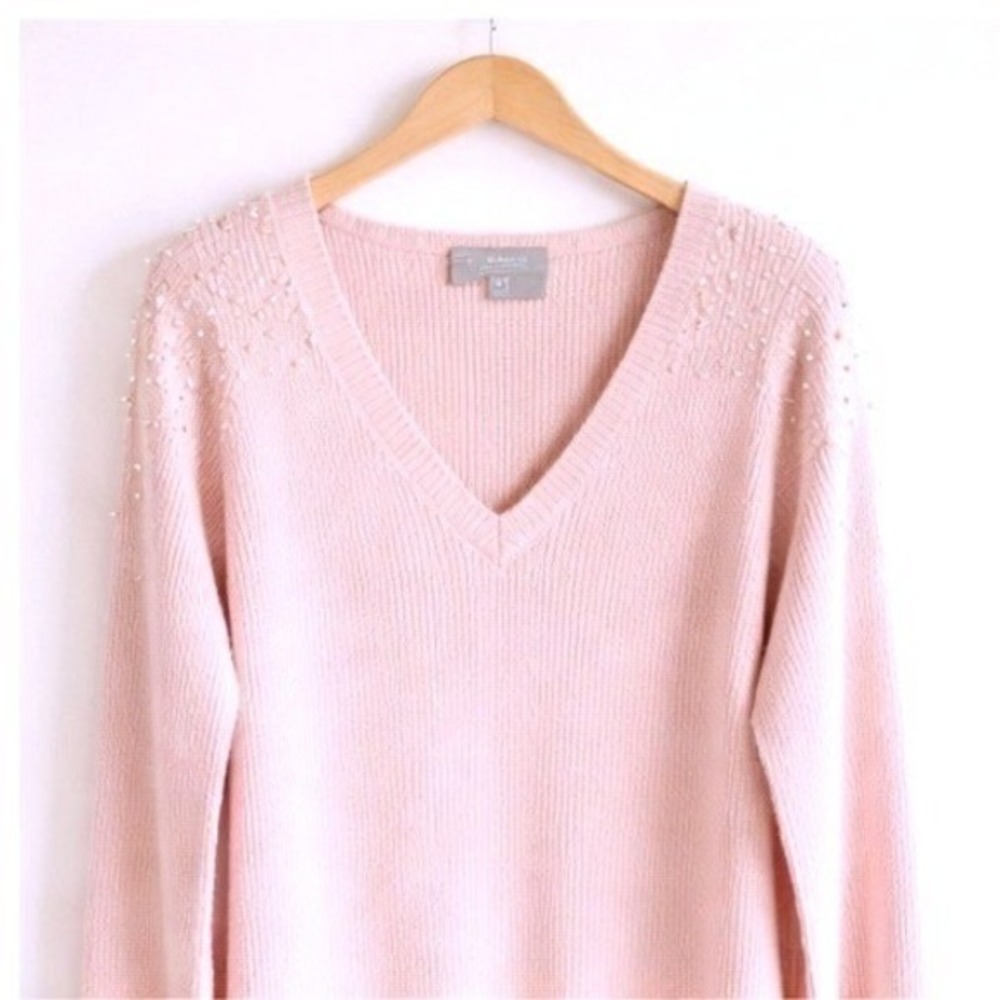 Neiman Marcus Cashmere Collection Pink Pearl Embellished V-Neck‎ Sweater Small